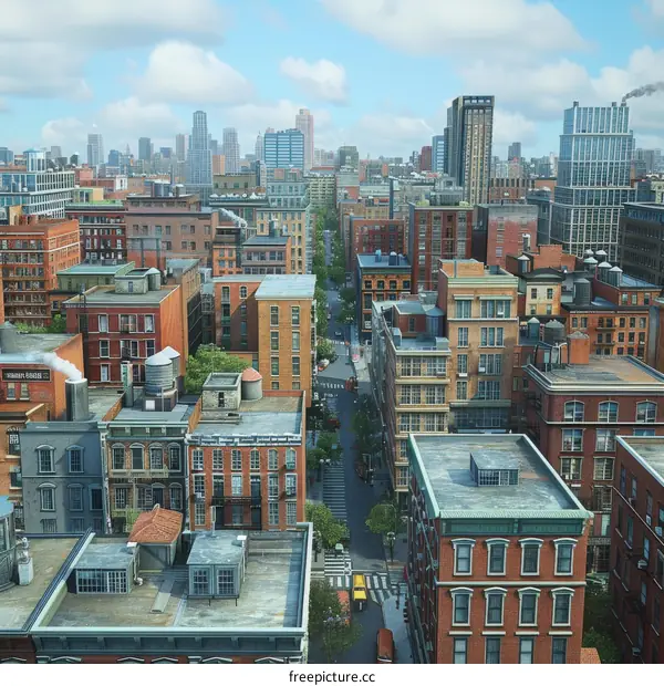 Downtown Cityscape with Tall Buildings and Busy Street