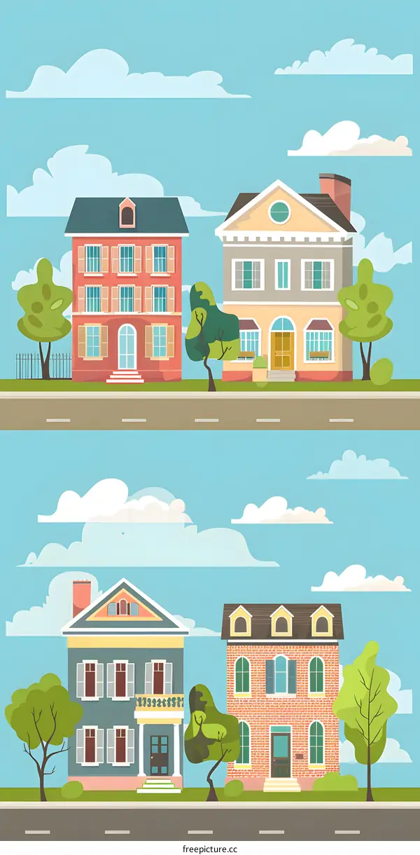 Cartoon Illustration of Four Colorful Houses on a Street