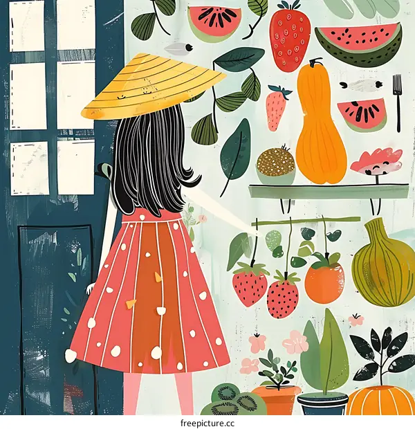Girl In Red Dress Looking at Fruits and Vegetables