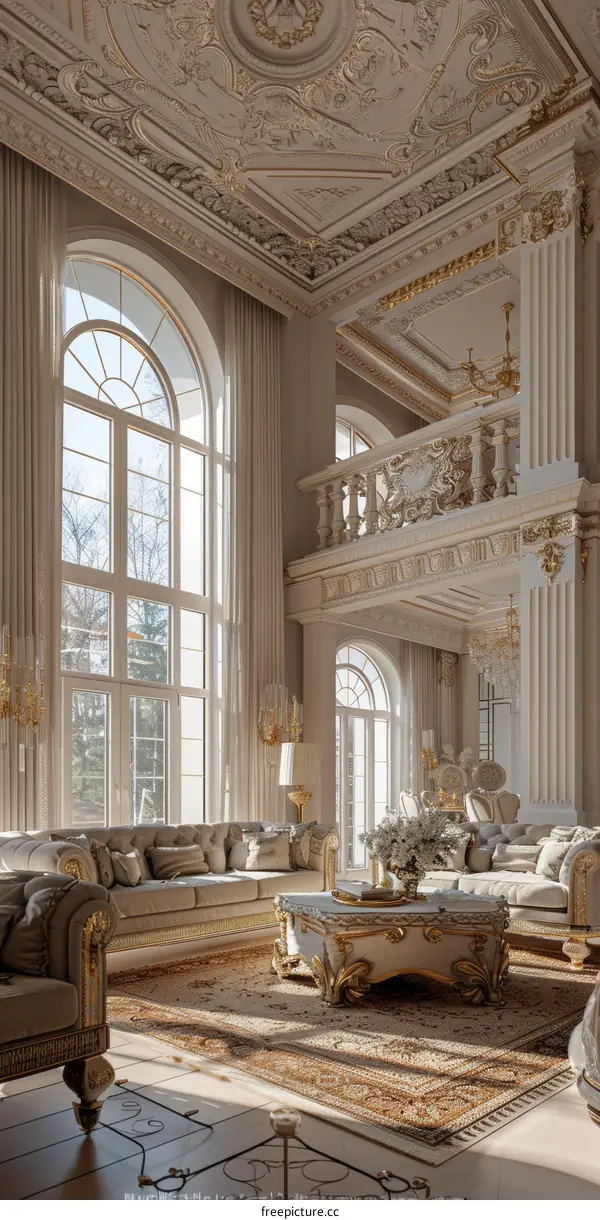 Ornate Living Room With Two-Story Windows