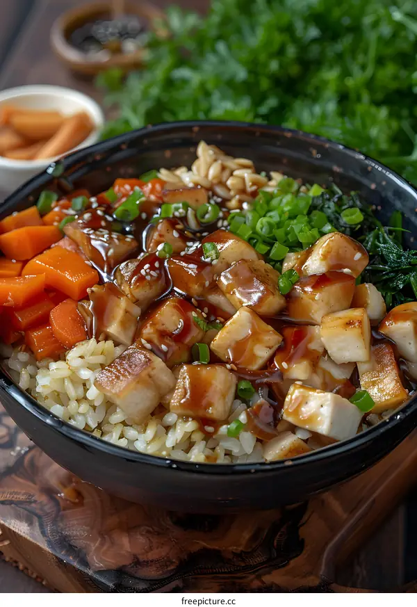 A bowl of delicious Japanese food with chicken, rice, and vegetables