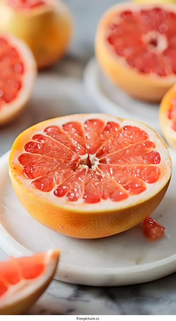 Close Up Of A Sliced Grapefruit On A Marble Surface