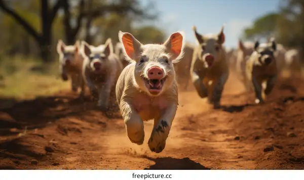 A group of happy pigs running fast on a dirt road