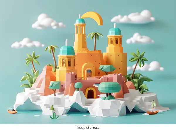 Low Poly Illustration of a Desert Island with a Building
