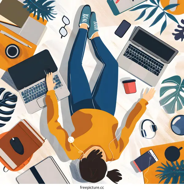 Woman Working on Laptop while Laying on the Floor