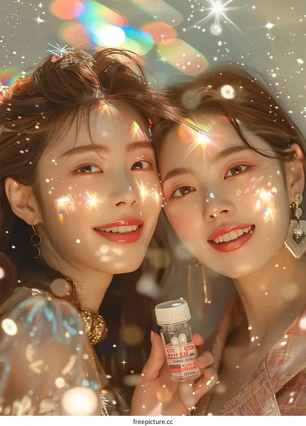 Two Asian women with shiny faces holding a bottle of pills