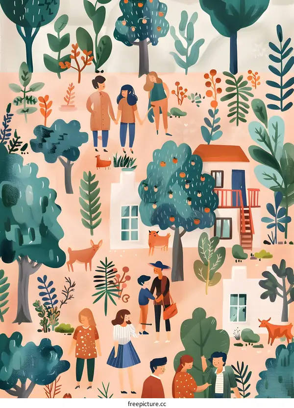 Illustration of Happy People Gathering in the Garden with House