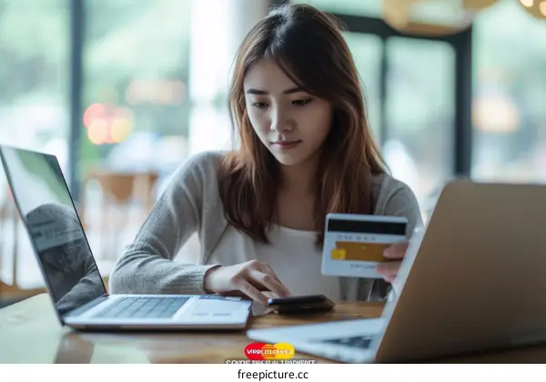 Asian woman using credit card and laptop for online shopping