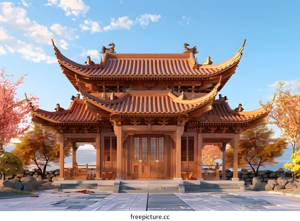 Traditional Chinese Wooden Pagoda Architecture with Autumn Foliage