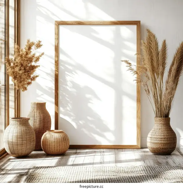 Blank Wooden Framed Poster Mockup in Minimalist Room