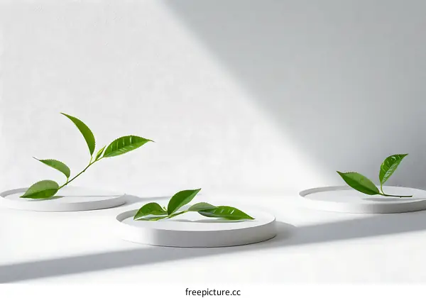Minimalist Tea Leaves on White Platforms