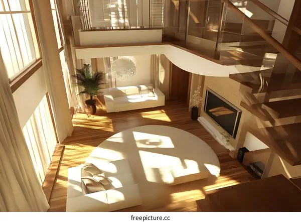 Modern Living Room Interior Design with Wooden Flooring and Large Windows