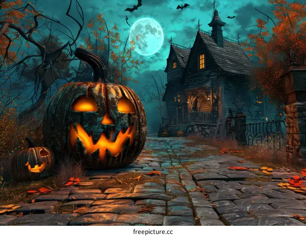 Spooky Halloween Pumpkin House with Bat and Moon