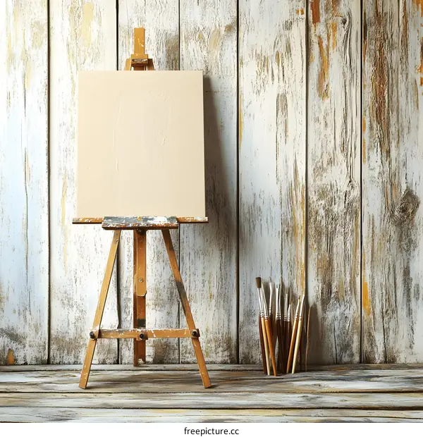 Empty Canvas on Wooden Easel Against Rustic Wooden Wall