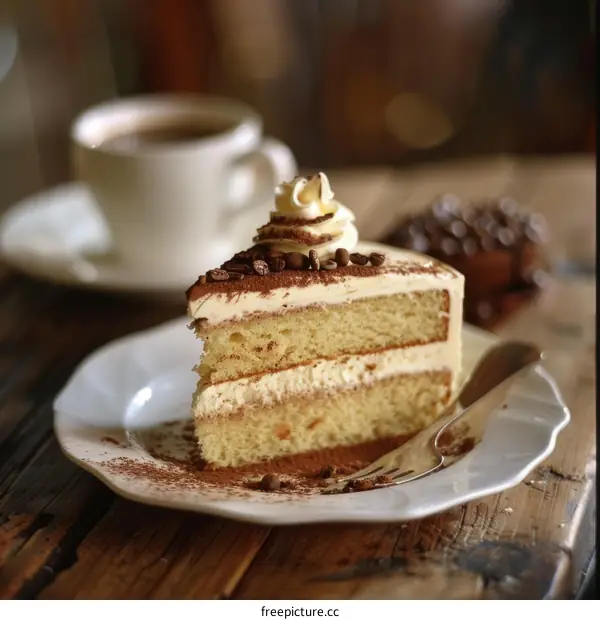 Cake on a White Plate with Coffee in the Background