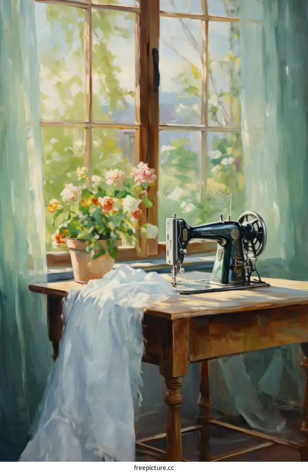 Vintage Sewing Machine by Sunlit Window with Flowers