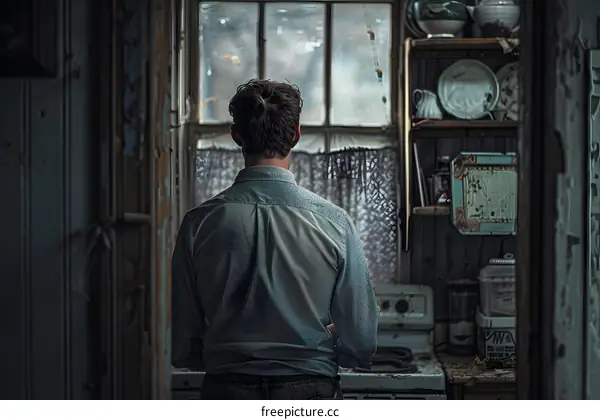 Man looking out the window in an old kitchen