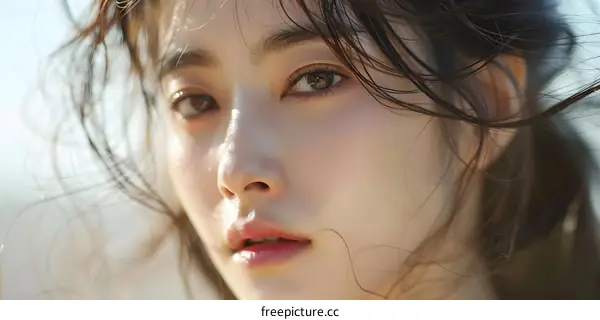 Close-up portrait of a beautiful young Asian woman with long dark hair. The woman is looking at the camera with a serious expression.