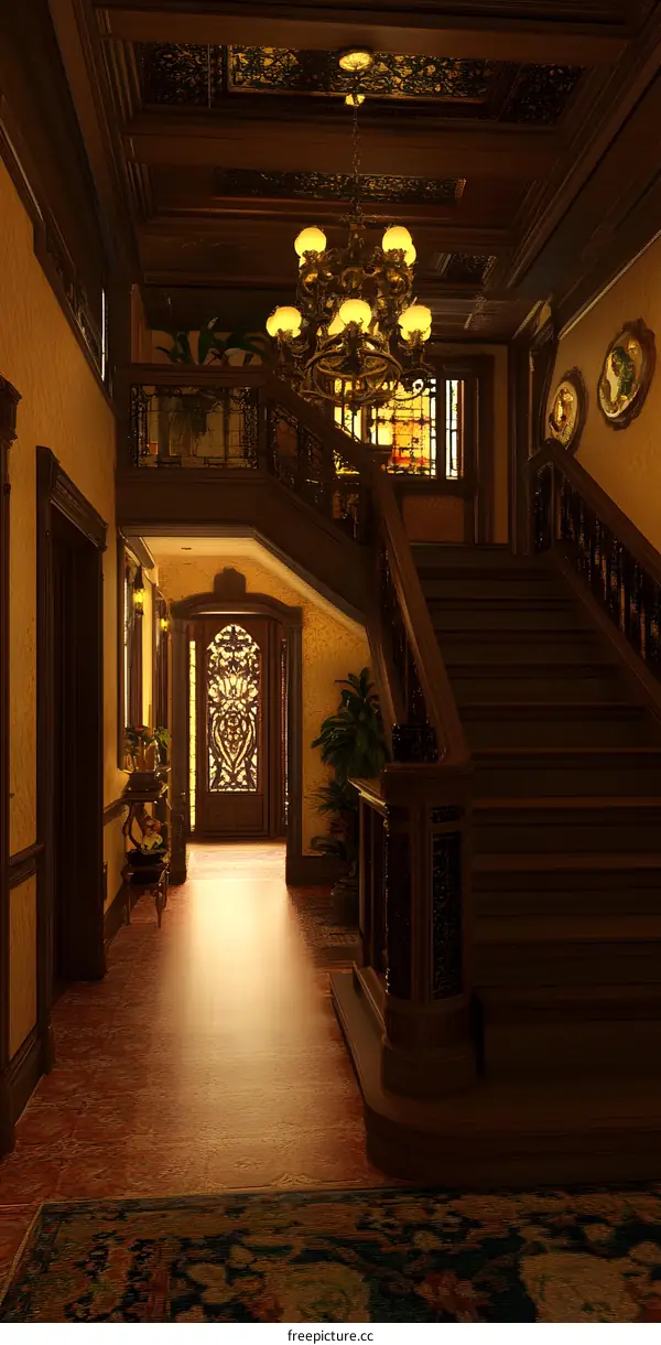 Ornate Interior Design of a Grand Staircase in a Mansion
