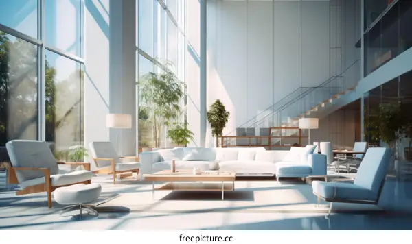 Modern office interior with large windows and white walls