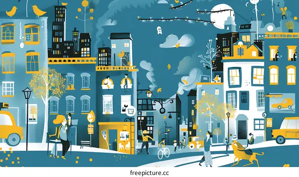 Nighttime Cityscape with Colorful Buildings and People