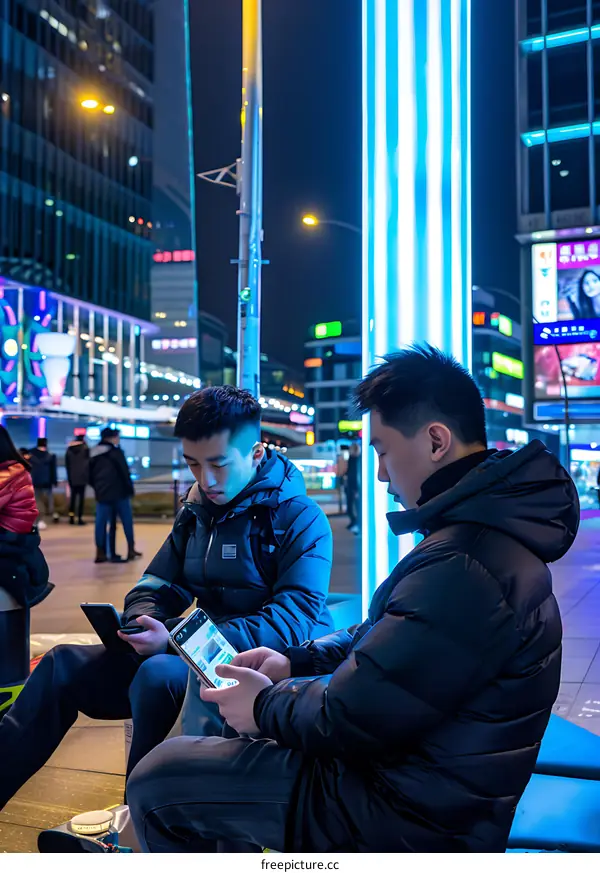 Two Asian Men Sitting On Bench Using Smartphones In City At Night