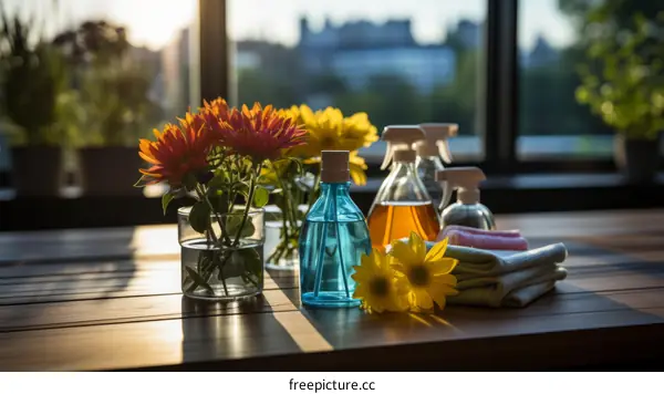 Cleaning supplies and flowers on a table
