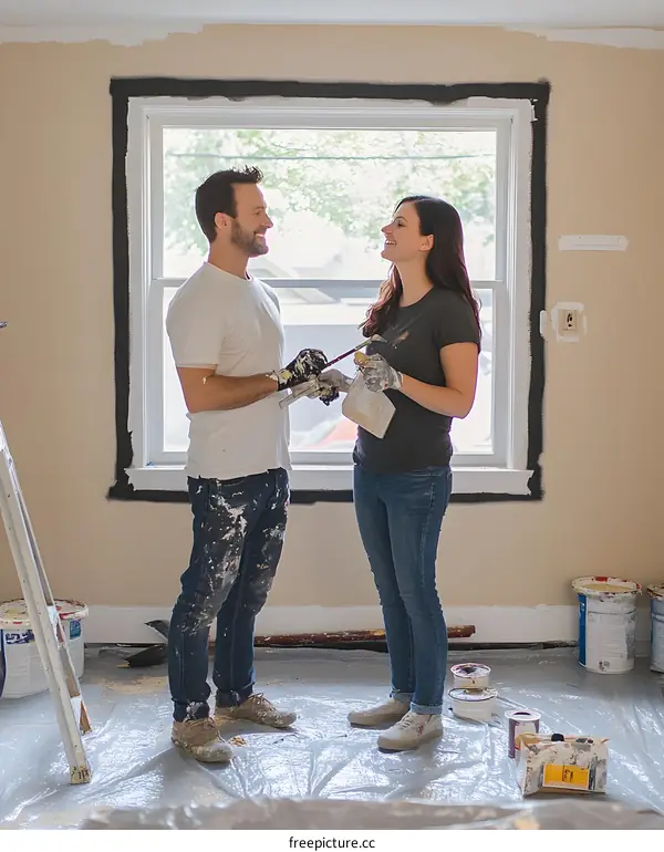 Happy Couple Painting Their Home Together