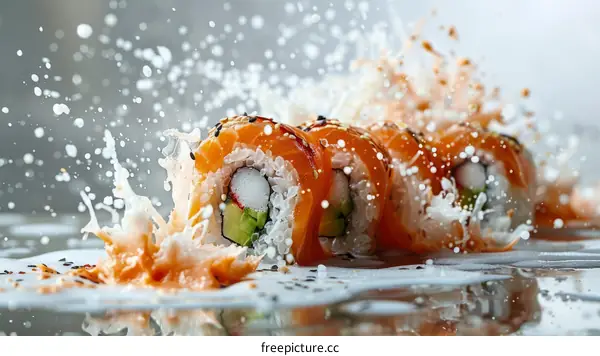 Sushi roll with salmon, avocado, and cucumber