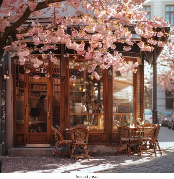 European-style cafes with pink cherry blossoms