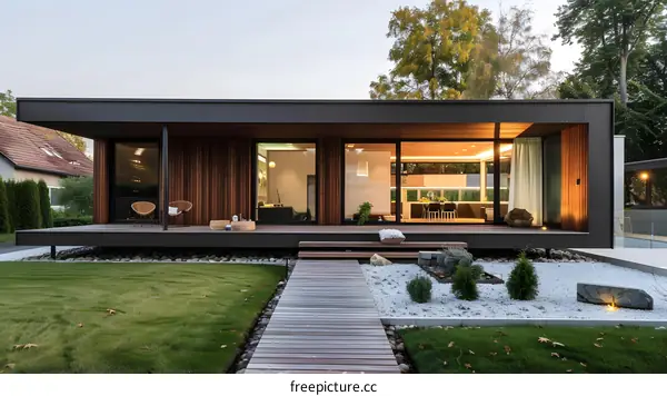 Modern Minimalist House with Wooden Deck and Stone Pathway