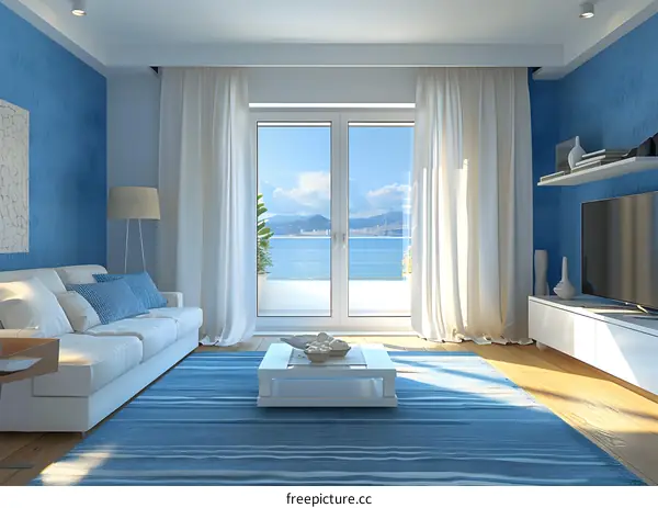 Modern living room interior with sea view