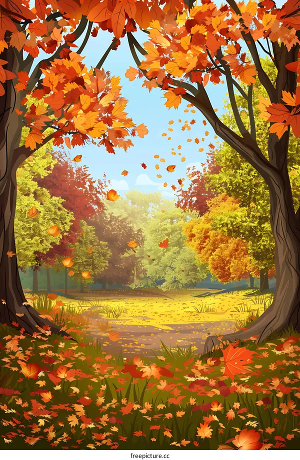 Autumn Forest Illustration with Falling Leaves