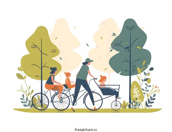 Family Cycling Through Forest with Green Trees