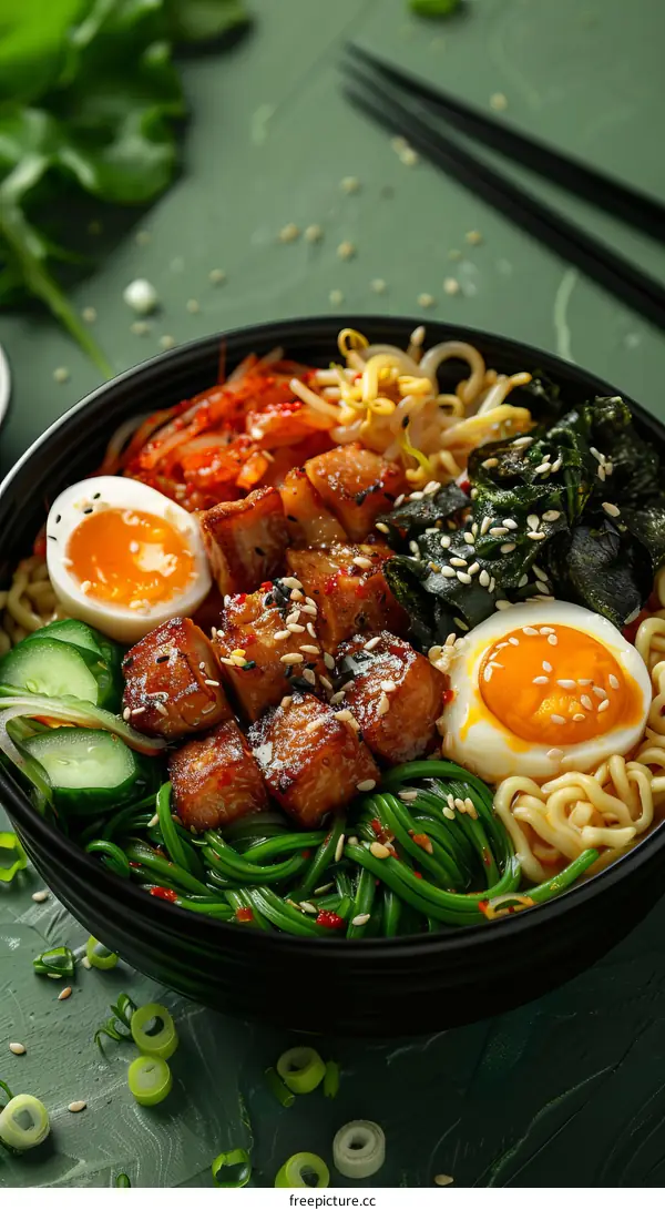 A bowl of ramen with pork, egg, cucumber, and kimchi