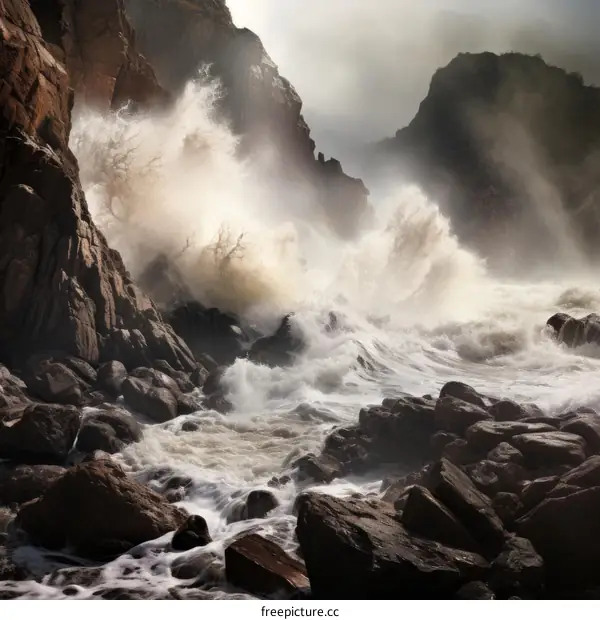 Huge waves crash against a rocky coast