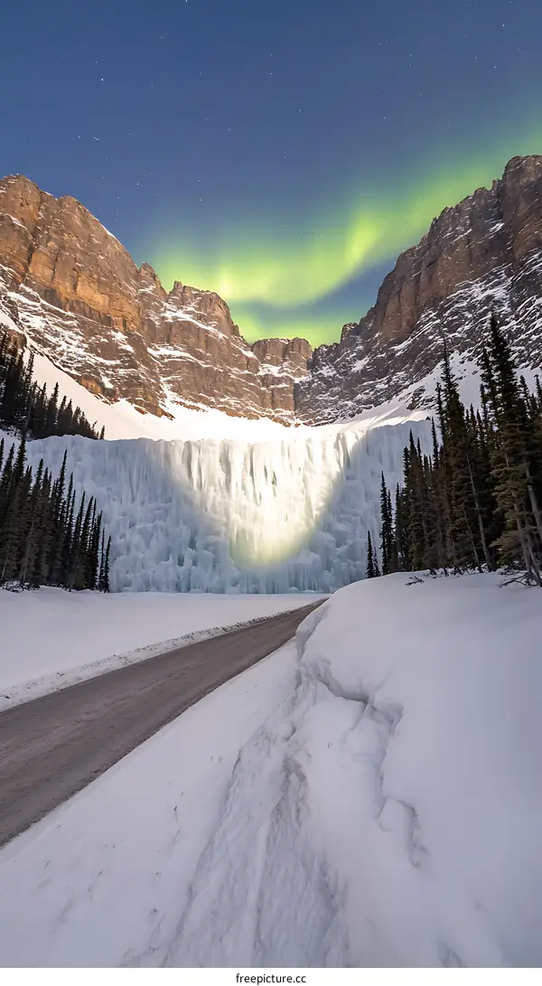 Frozen Waterfall Under The Aurora Borealis In Winter