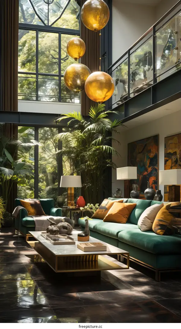 Modern Living Room Interior with Green Sofa and Big Windows