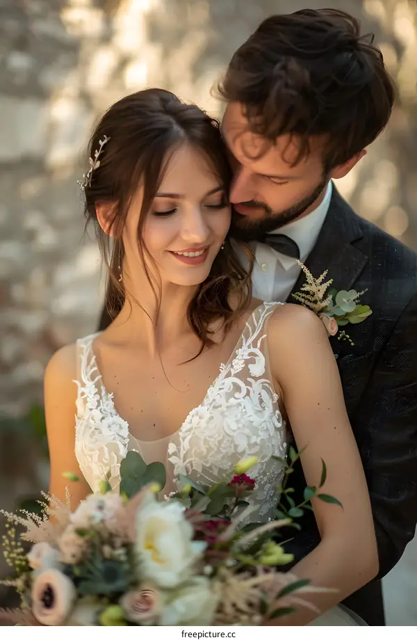 The bride and groom are close together, holding flowers and smiling happily