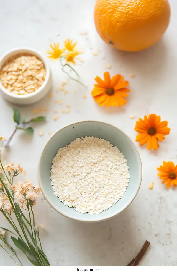 White Rice Flour in Bowl with Orange and Flowers on Marble Background
