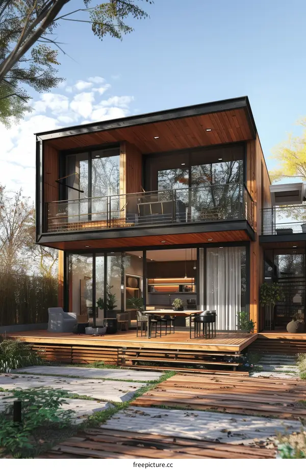 Modern Two-Story House with Large Glass Windows and Wooden Deck