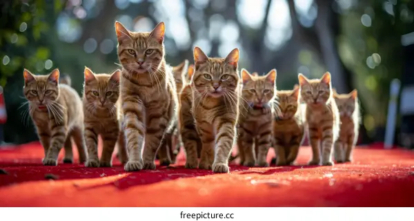 A group of ginger cats walking on a red carpet