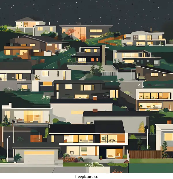 Modern Houses at Night Under a Starry Sky