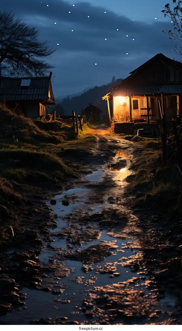 Country road at night with puddles and a house in the distance