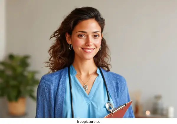 Smiling Female Doctor Holding Medical Clipboard
