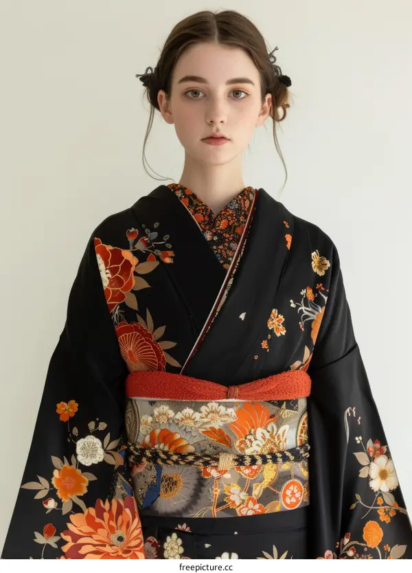 Woman Wearing Traditional Japanese Kimono with Floral Pattern