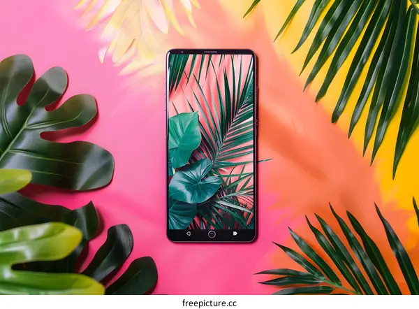 Tropical Leaves with Pink and Yellow Background and a Smartphone with a Tropical Leaf Wallpaper