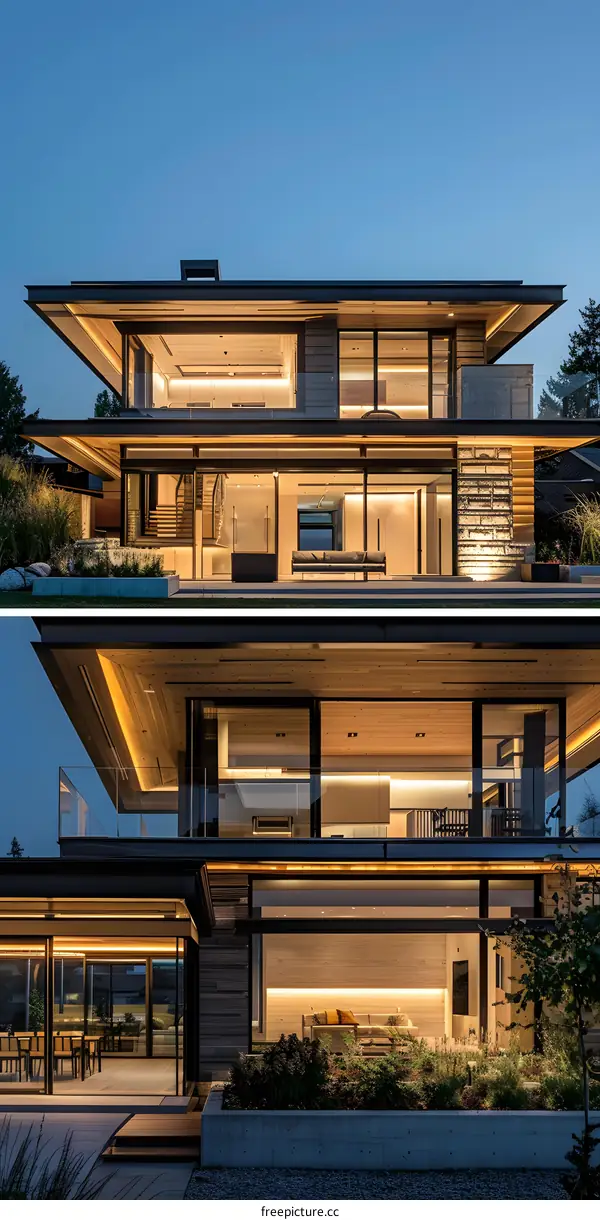 Modern Home Exterior With Large Windows And Wood Accents