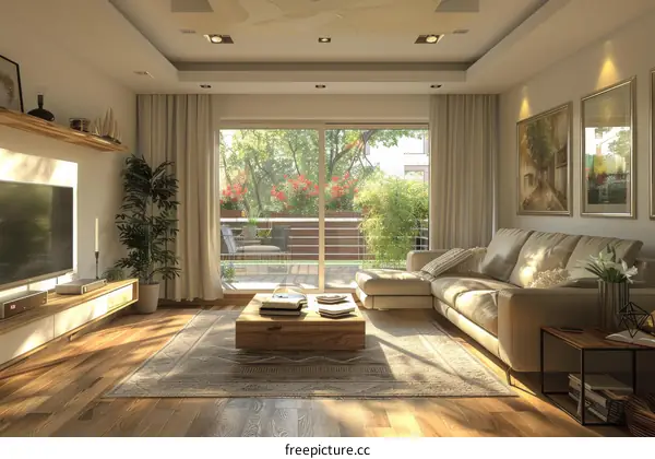 Modern living room with green plants and warm sunlight in IKEA style