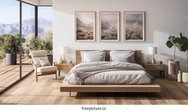 Modern bedroom interior with a beautiful mountain landscape view